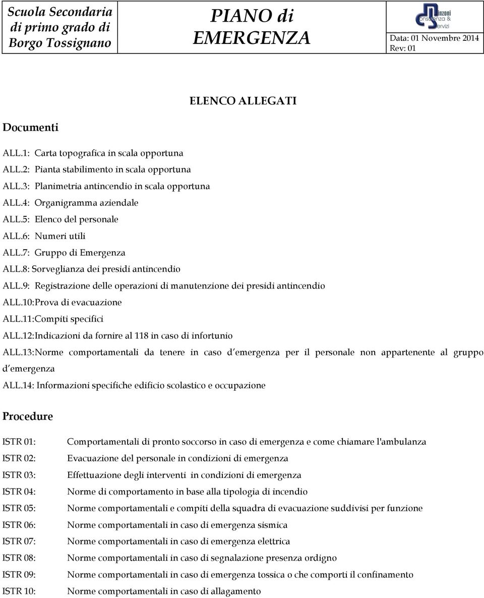 10: Prova di evacuazione ALL.11: Compiti specifici ALL.12: Indicazioni da fornire al 118 in caso di infortunio ALL.