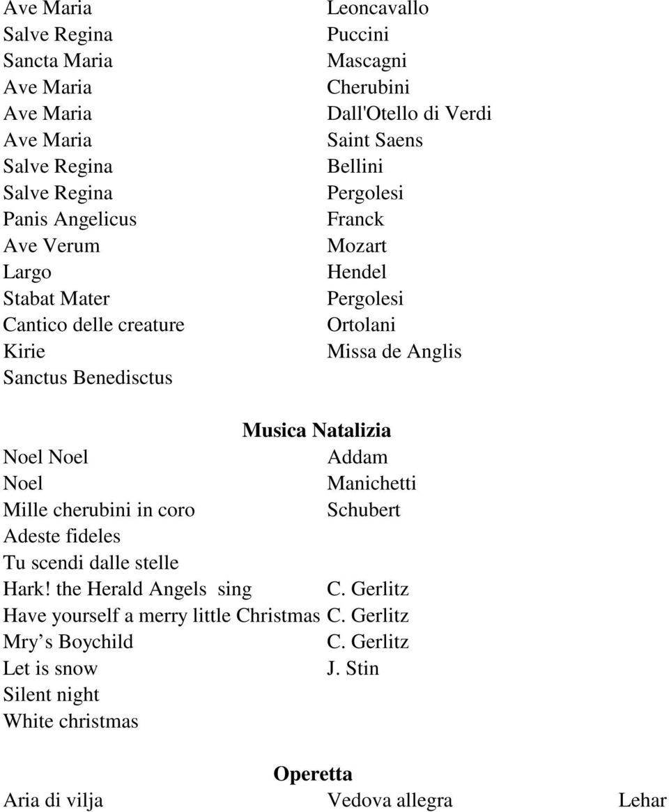 Musica Natalizia Noel Noel Addam Noel Manichetti Mille cherubini in coro Schubert Adeste fideles Tu scendi dalle stelle Hark!