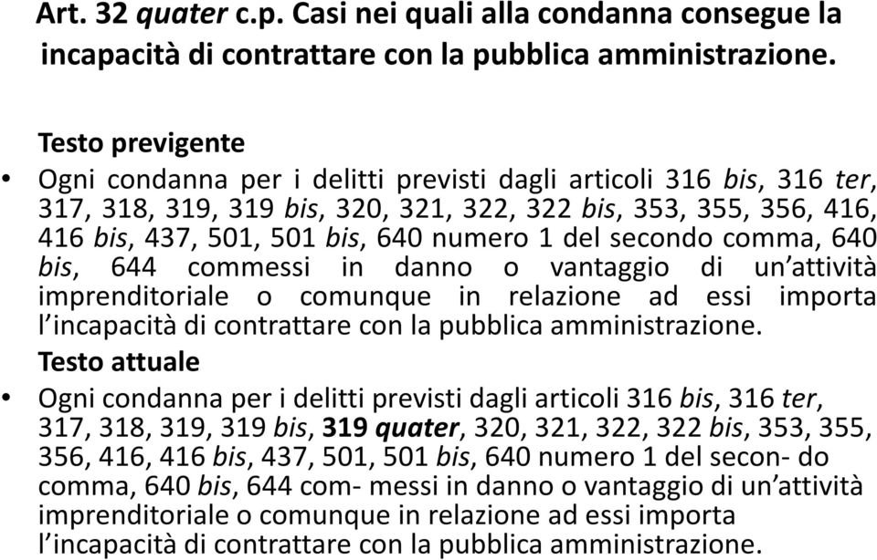 secondo comma, 640 bis, 644 commessi in danno o vantaggio di un attività imprenditoriale o comunque in relazione ad essi importa l incapacità di contrattare con la pubblica amministrazione.