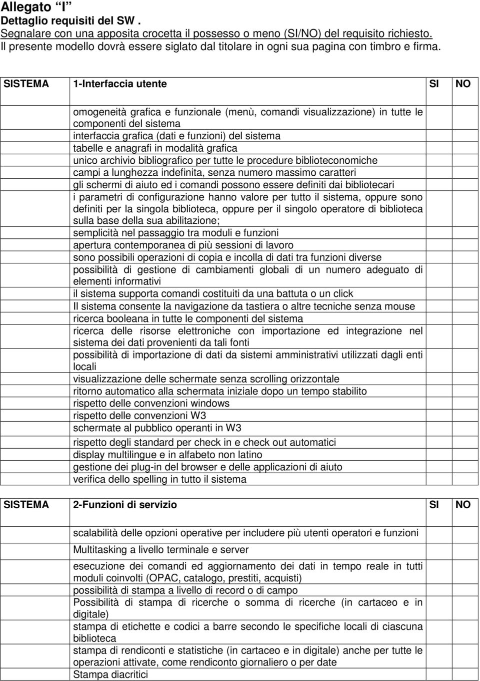 SISTEMA 1-Interfaccia utente SI NO omogeneità grafica e funzionale (menù, comandi visualizzazione) in tutte le componenti del sistema interfaccia grafica (dati e funzioni) del sistema tabelle e