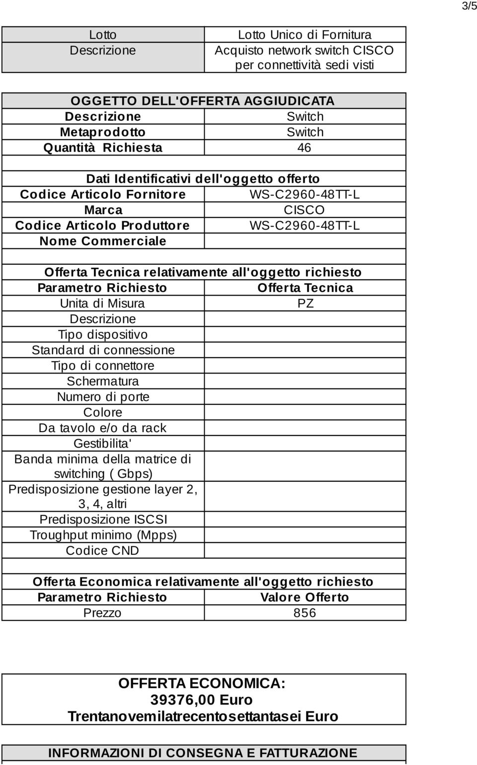 Richiesto Offerta Tecnica Unita di Misura PZ Tipo dispositivo Standard di connessione Tipo di connettore Schermatura Numero di porte Colore Da tavolo e/o da rack Gestibilita' Banda minima della