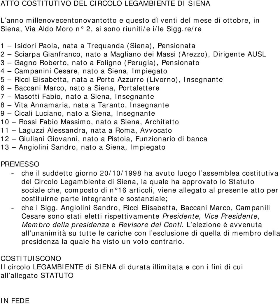 Cesare, nato a Siena, Impiegato 5 Ricci Elisabetta, nata a Porto Azzurro (Livorno), Insegnante 6 Baccani Marco, nato a Siena, Portalettere 7 Masotti Fabio, nato a Siena, Insegnante 8 Vita Annamaria,