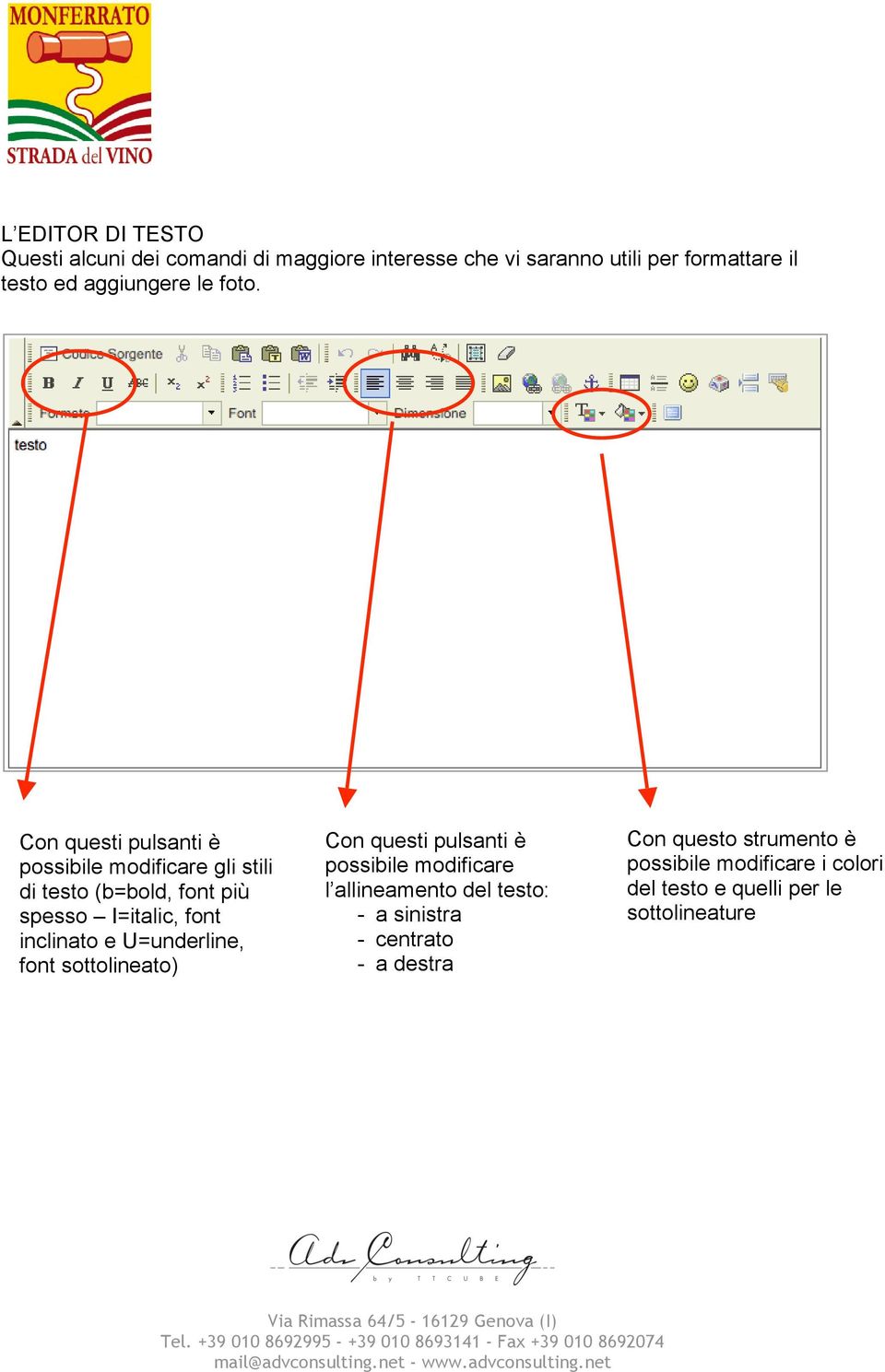 Con questi pulsanti è possibile modificare gli stili di testo (b=bold, font più spesso I=italic, font inclinato e