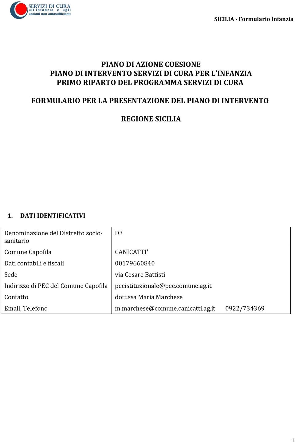 DATI IDENTIFICATIVI Denominazione del Distretto sociosanitario Comune Capofila D3 CANICATTI' Dati contabili e fiscali