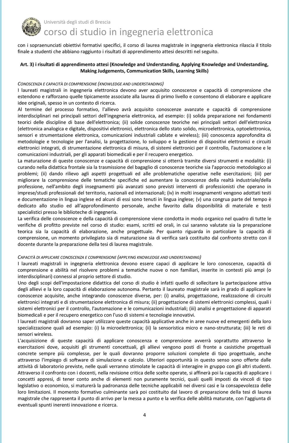 3) i risultati di apprendimento attesi (Knowledge and Understanding, Applying Knowledge and Undestanding, Making Judgements, Communication Skills, Learning Skills) CONOSCENZA E CAPACITÀ DI