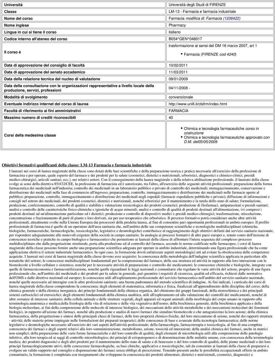 10/02/2011 Data di approvazione del senato accademico 11/03/2011 Data della relazione tecnica del nucleo di valutazione 09/01/2009 Data della consultazione con le organizzazioni rappresentative a