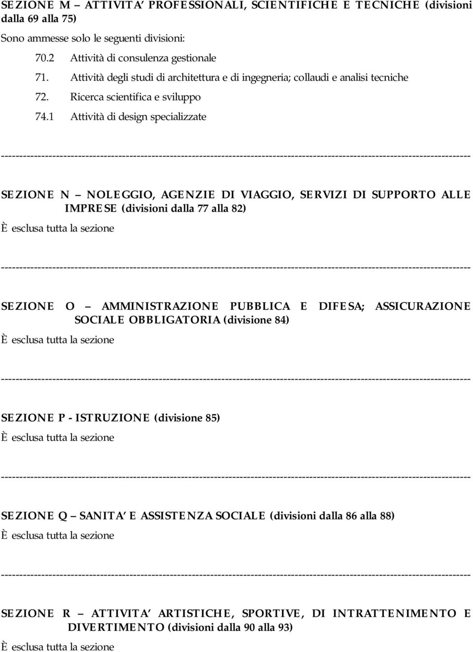 1 Attività di design specializzate SEZIONE N NOLEGGIO, AGENZIE DI VIAGGIO, SERVIZI DI SUPPORTO ALLE IMPRESE (divisioni dalla 77 alla 82) SEZIONE O AMMINISTRAZIONE PUBBLICA E DIFESA;