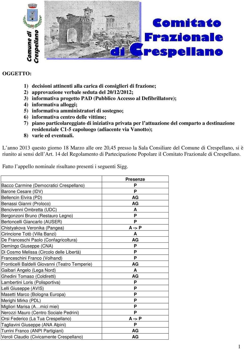 C1-5 capoluogo (adiacente via Vanotto); 8) varie ed eventuali. L anno 2013 questo giorno 18 Marzo alle ore 20,45 presso la Sala Consiliare del Comune di Crespellano, si è riunito ai sensi dell Art.