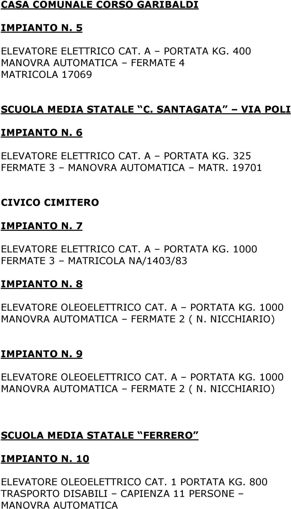 8 ELEVATORE OLEOELETTRICO CAT. A PORTATA KG. 1000 MANOVRA AUTOMATICA FERMATE 2 ( N. NICCHIARIO) IMPIANTO N. 9 ELEVATORE OLEOELETTRICO CAT. A PORTATA KG. 1000 MANOVRA AUTOMATICA FERMATE 2 ( N. NICCHIARIO) SCUOLA MEDIA STATALE FERRERO IMPIANTO N.