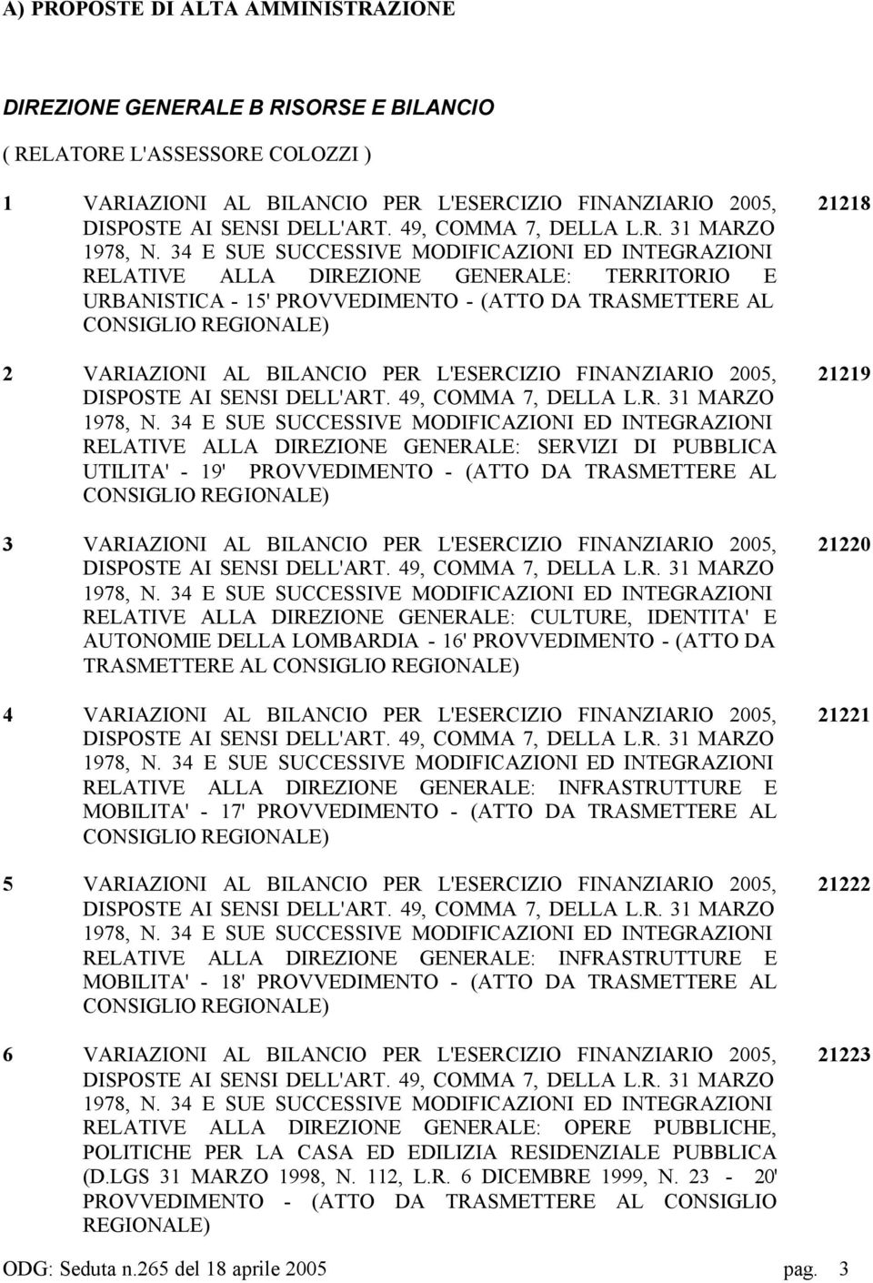 34 E SUE SUCCESSIVE MODIFICAZIONI ED INTEGRAZIONI RELATIVE ALLA DIREZIONE GENERALE: TERRITORIO E URBANISTICA - 15' PROVVEDIMENTO - (ATTO DA TRASMETTERE AL 2 VARIAZIONI AL BILANCIO PER L'ESERCIZIO