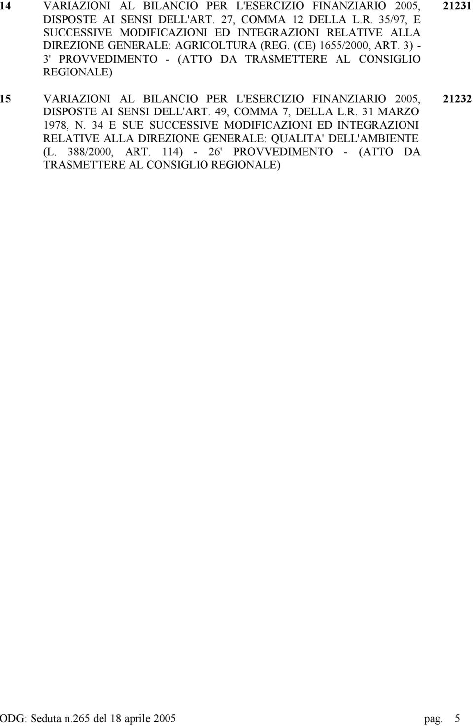 3) - 3' PROVVEDIMENTO - (ATTO DA TRASMETTERE AL CONSIGLIO 15 VARIAZIONI AL BILANCIO PER L'ESERCIZIO FINANZIARIO 2005, DISPOSTE AI SENSI DELL'ART.