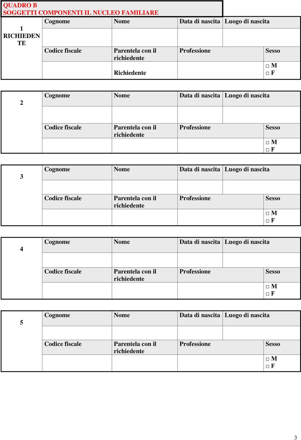 Nome Data di nascita Luogo di nascita Codice fiscale Parentela con il richiedente Professione Sesso M F 4 Cognome Nome Data di nascita Luogo di nascita Codice