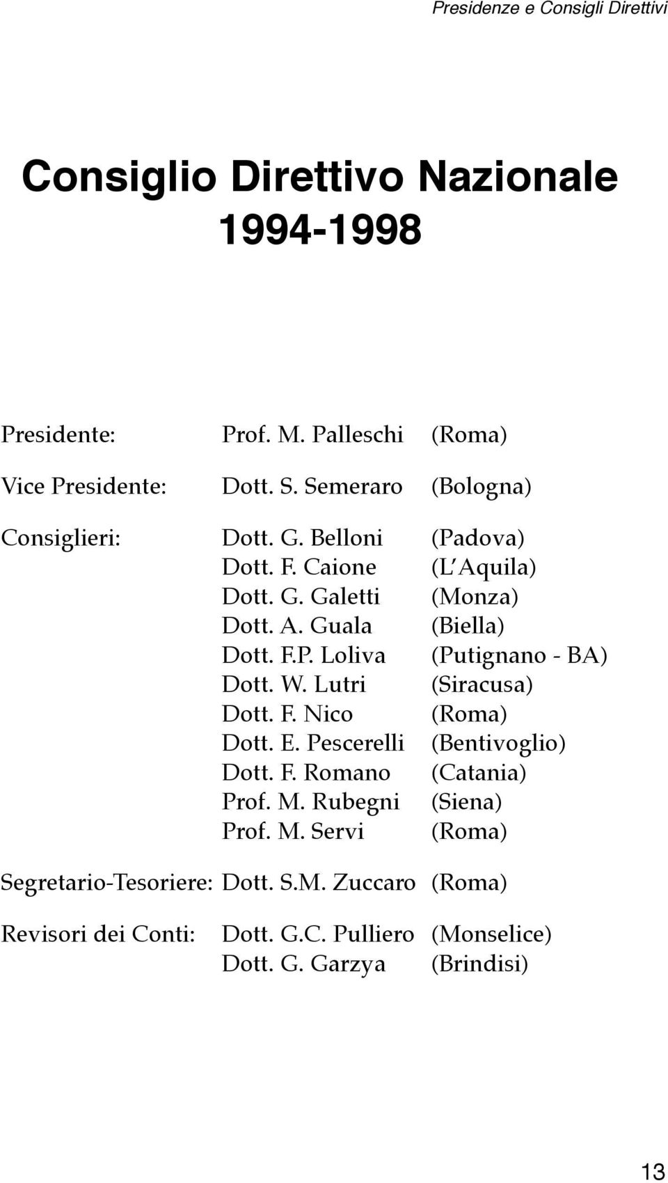 W. Lutri (Siracusa) Dott. F. Nico (Roma) Dott. E. Pescerelli (Bentivoglio) Dott. F. Romano (Catania) Prof. M.