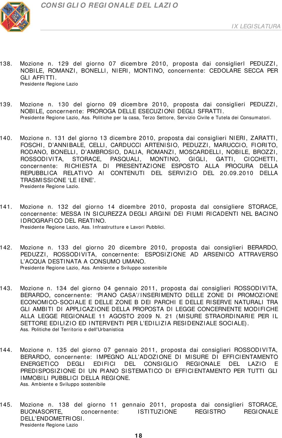 131 del giorno 13 dicembre 2010, proposta dai consiglieri NIERI, ZARATTI, FOSCHI, D ANNIBALE, CELLI, CARDUCCI ARTENISIO, PEDUZZI, MARUCCIO, FIORITO, RODANO, BONELLI, D AMBROSIO, DALIA, ROMANZI,