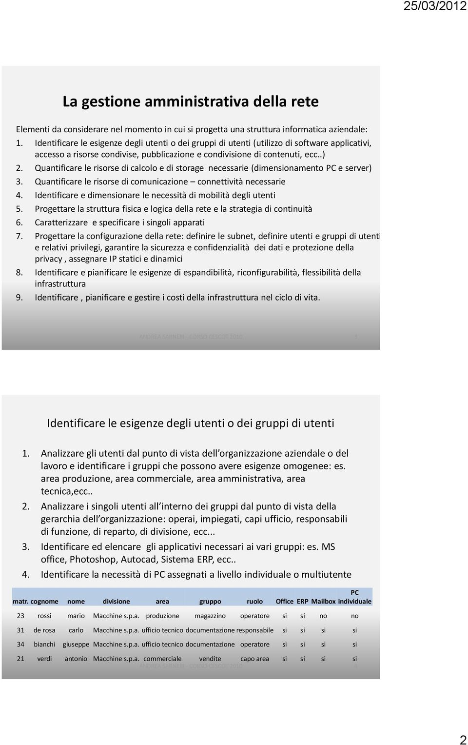 Quantificare le risorse di calcolo e di storage necessarie (dimensionamento PC e server) 3. Quantificare le risorse di comunicazione connettività necessarie 4.