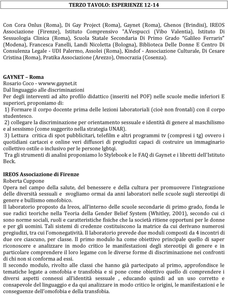 Donne E Centro Di Consulenza Legale - UDI Palermo, Assolei (Roma), Kindof - Associazione Culturale, Di Cesare Cristina (Roma), Pratika Associazione (Arezzo), Omocrazia (Cosenza).