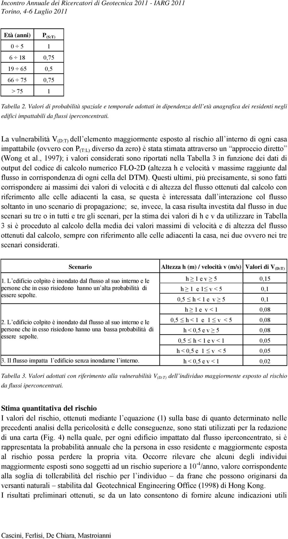 La vulnerabilità V (D:T) dell elemento maggiormente esposto al rischio all interno di ogni casa impattabile (ovvero con P (T:L) diverso da zero) è stata stimata attraverso un approccio diretto (Wong