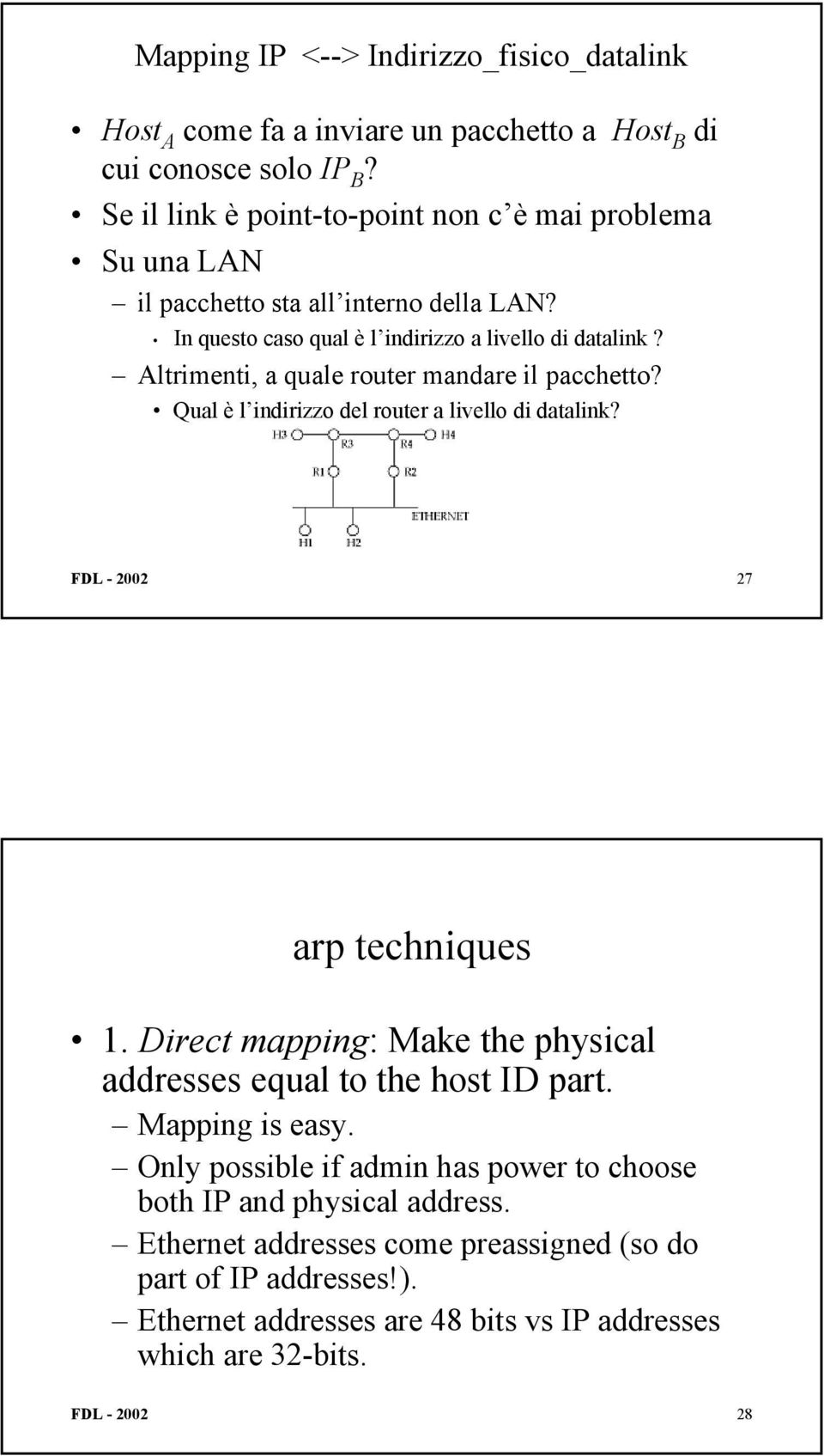 Altrimenti, a quale router mandare il pacchetto? Qual è l indirizzo del router a livello di datalink? FDL - 2002 27 arp techniques 1.
