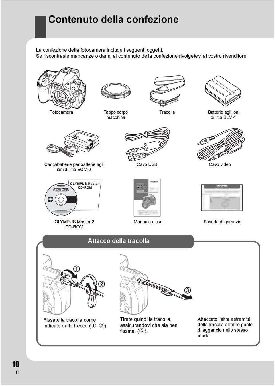 Fotocamera Tappo corpo macchina Tracolla Batterie agli ioni di litio BLM-1 Caricabatterie per batterie agli ioni di litio BCM-2 Cavo USB Cavo video OLYMPUS