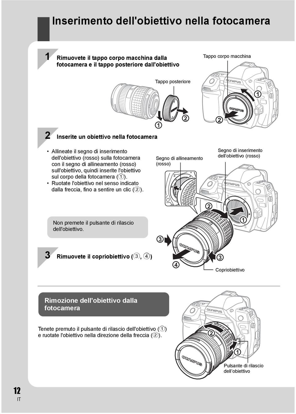 fotocamera (1). Ruotate l'obiettivo nel senso indicato dalla freccia, fino a sentire un clic (2).