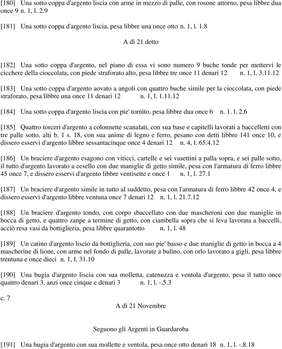 l. 1.8 A dì 21 detto [182] Una sotto coppa d'argento, nel piano di essa vi sono numero 9 buche tonde per mettervi le cicchere della cioccolata, con piede straforato alto, pesa libbre tre once 11