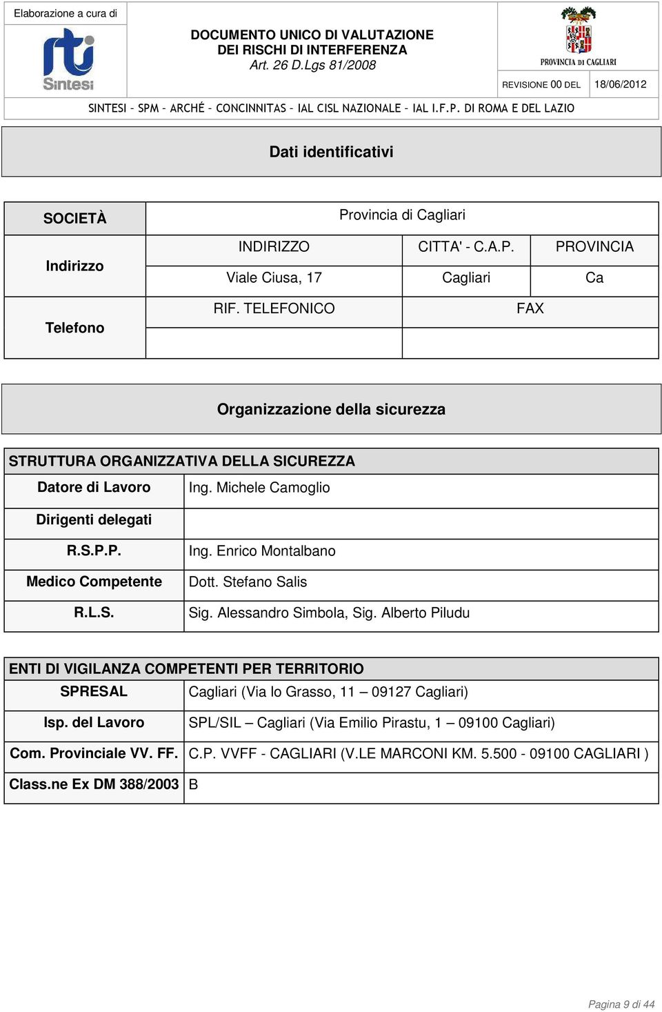 Stefano Salis Sig. Alessandro Simbola, Sig. Alberto Piludu ENTI DI VIGILANZA COMPETENTI PER TERRITORIO SPRESAL Cagliari (Via lo Grasso, 11 09127 Cagliari) Isp.