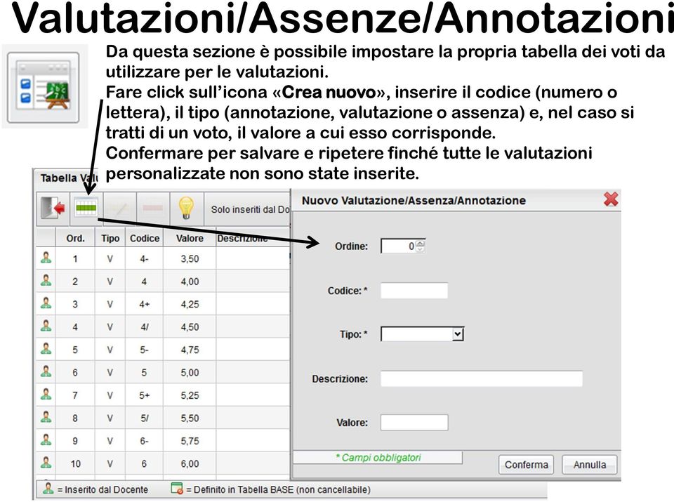 Fare click sull icona «Crea nuovo», inserire il codice (numero o lettera), il tipo (annotazione,