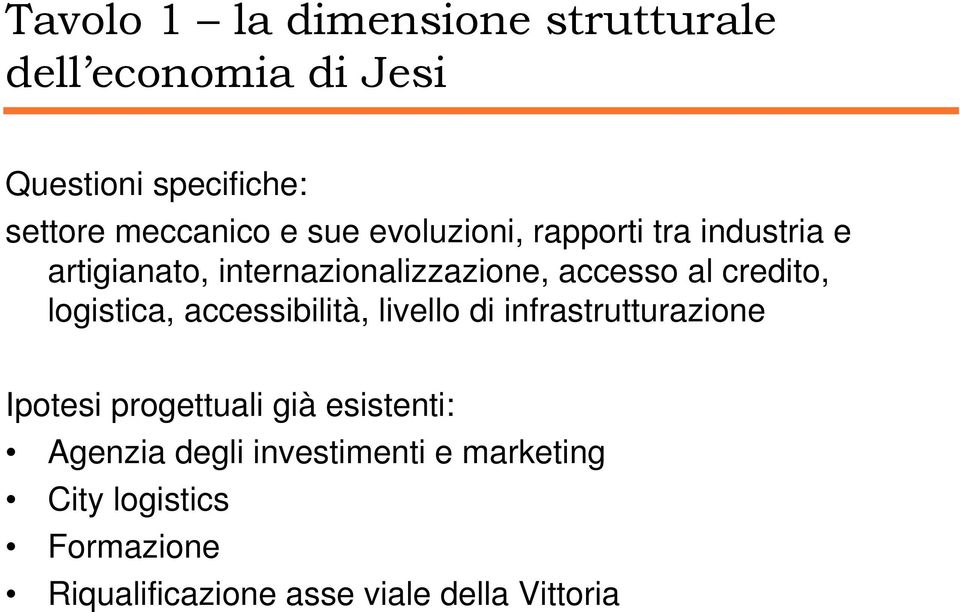 logistica, accessibilità, livello di infrastrutturazione Ipotesi progettuali già esistenti: