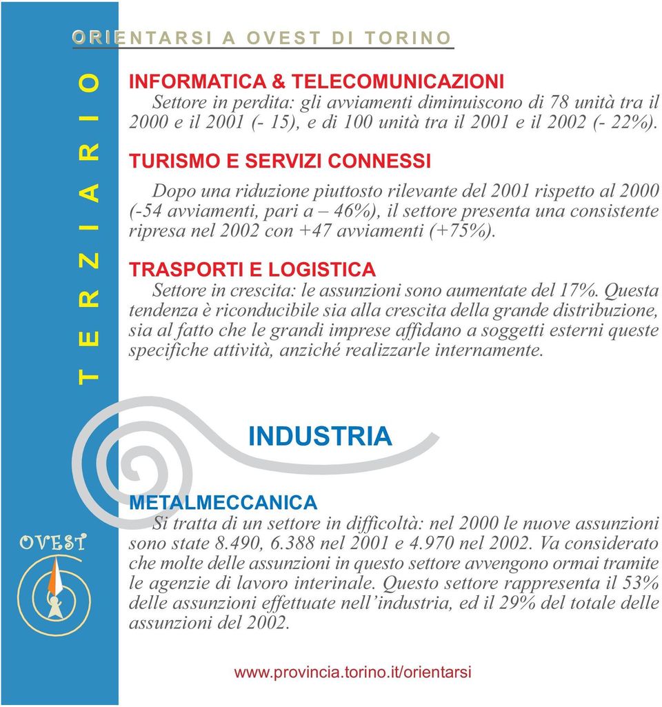 TURISMO E SERVIZI CONNESSI Dopo una riduzione piuttosto rilevante del 2001 rispetto al 2000 (-54 avviamenti, pari a 46%), il settore presenta una consistente ripresa nel 2002 con +47 avviamenti