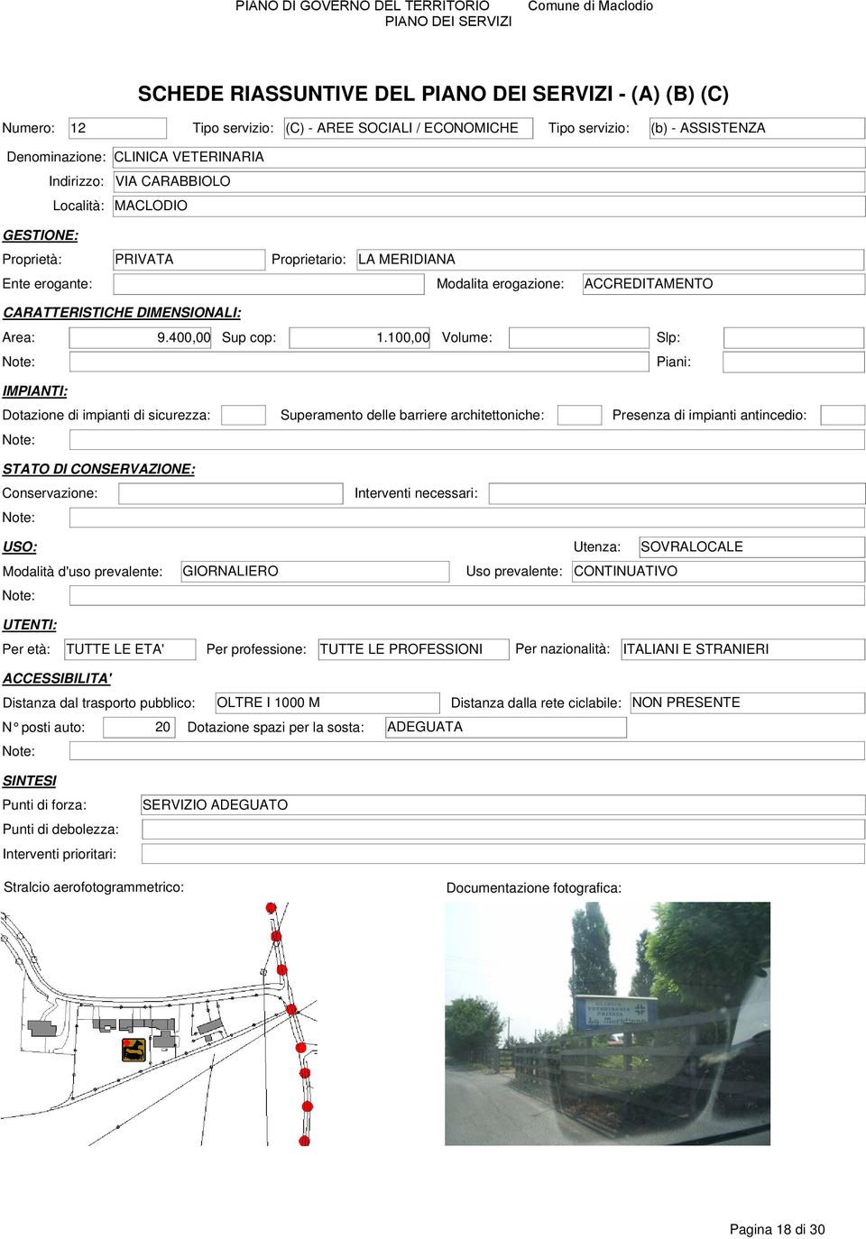 100,00 Volume: Slp: Conservazione: Interventi necessari: USO: Utenza: SOVRALOCALE Modalità d'uso prevalente: GIORNALIERO Uso prevalente: CONTINUATIVO Distanza