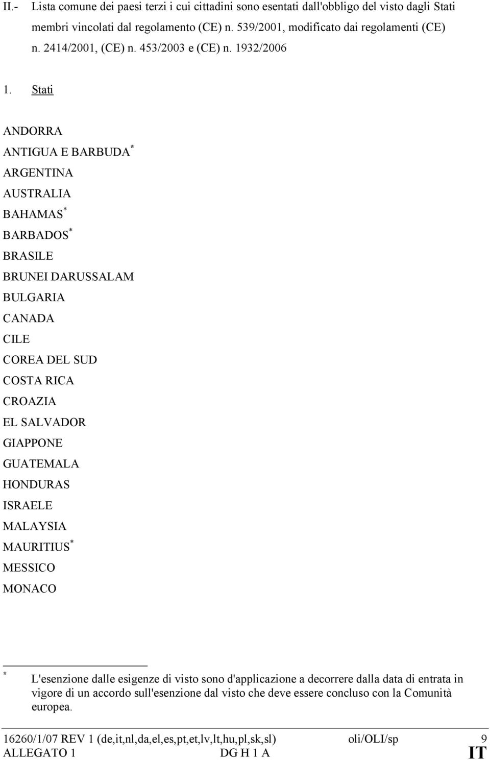 Stati ANDORRA ANTIGUA E BARBUDA * ARGENTINA AUSTRALIA BAHAMAS * BARBADOS * BRASILE BRUNEI DARUSSALAM BULGARIA CANADA CILE COREA DEL SUD COSTA RICA CROAZIA EL SALVADOR GIAPPONE GUATEMALA