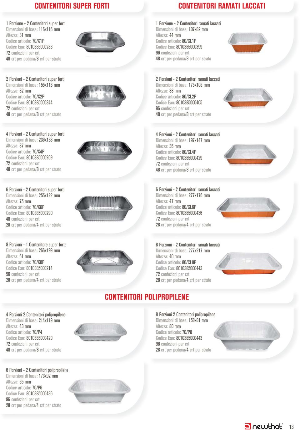 base: 155x113 mm Altezza: 32 mm Codice articolo: 70/X2P Codice Ean: 8010385000344 2 Porzioni - 2 Contenitori ramati laccati Dimensioni di base: 175x105 mm Altezza: 38 mm Codice articolo: 80/CL2P