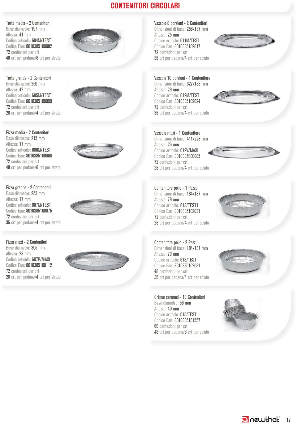 605M/TEST Codice Ean: 8010385100099 28 crt per pedana/4 crt per strato Vassoio 10 porzioni - 1 Contenitore Dimensioni di base: 327x188 mm Altezza: 29 mm Codice articolo: 612M/TEST Codice Ean: