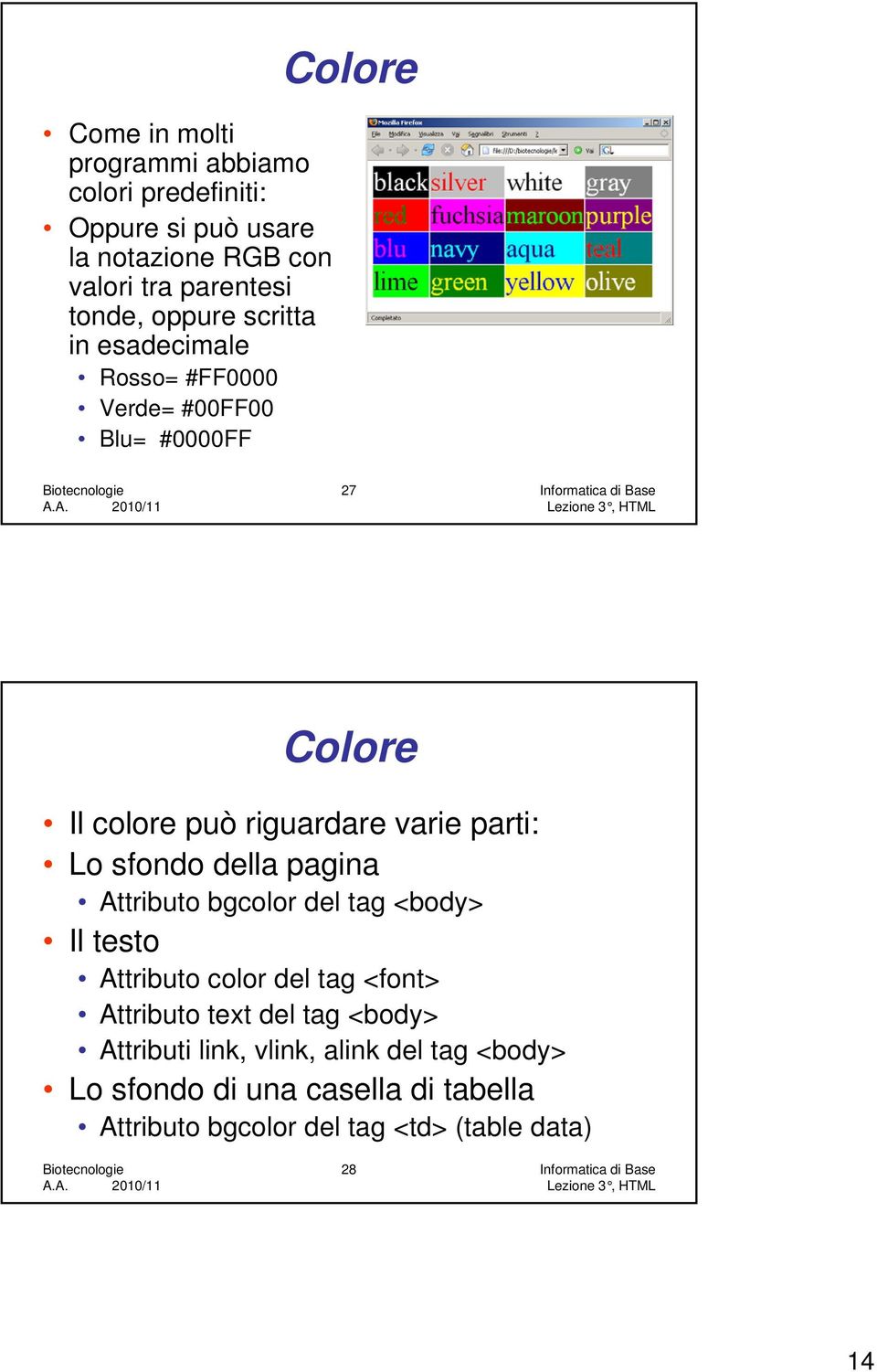 sfondo della pagina Attributo bgcolor del tag <body> Il testo Attributo color del tag <font> Attributo text del tag <body> Attributi