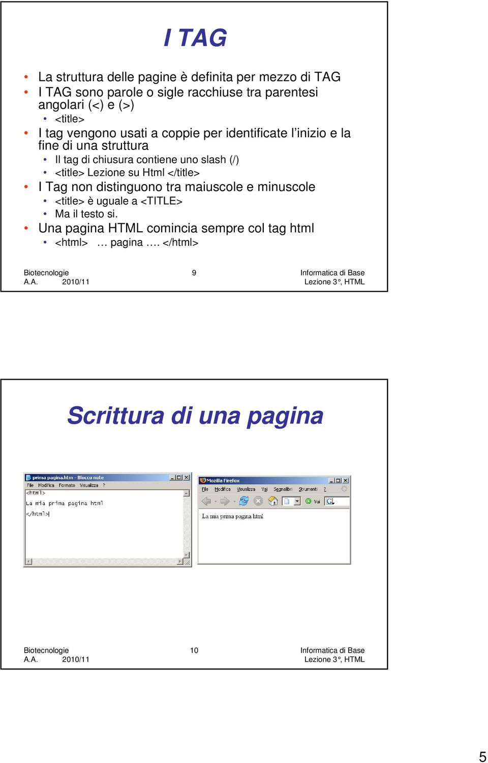 (/) <title> Lezione su Html </title> I Tag non distinguono tra maiuscole e minuscole <title> è uguale a <TITLE> Ma il testo si.