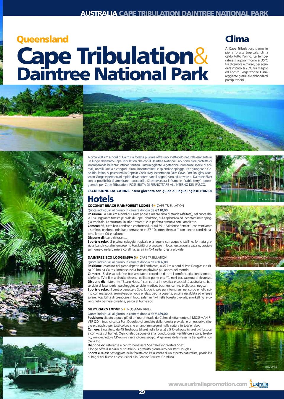 A circa 200 km a nord di Cairns la foresta pluviale offre uno spettacolo naturale esaltante in un luogo chiamato Cape Tribulation che con il Daintree National Park sono aree protette di incomparabile