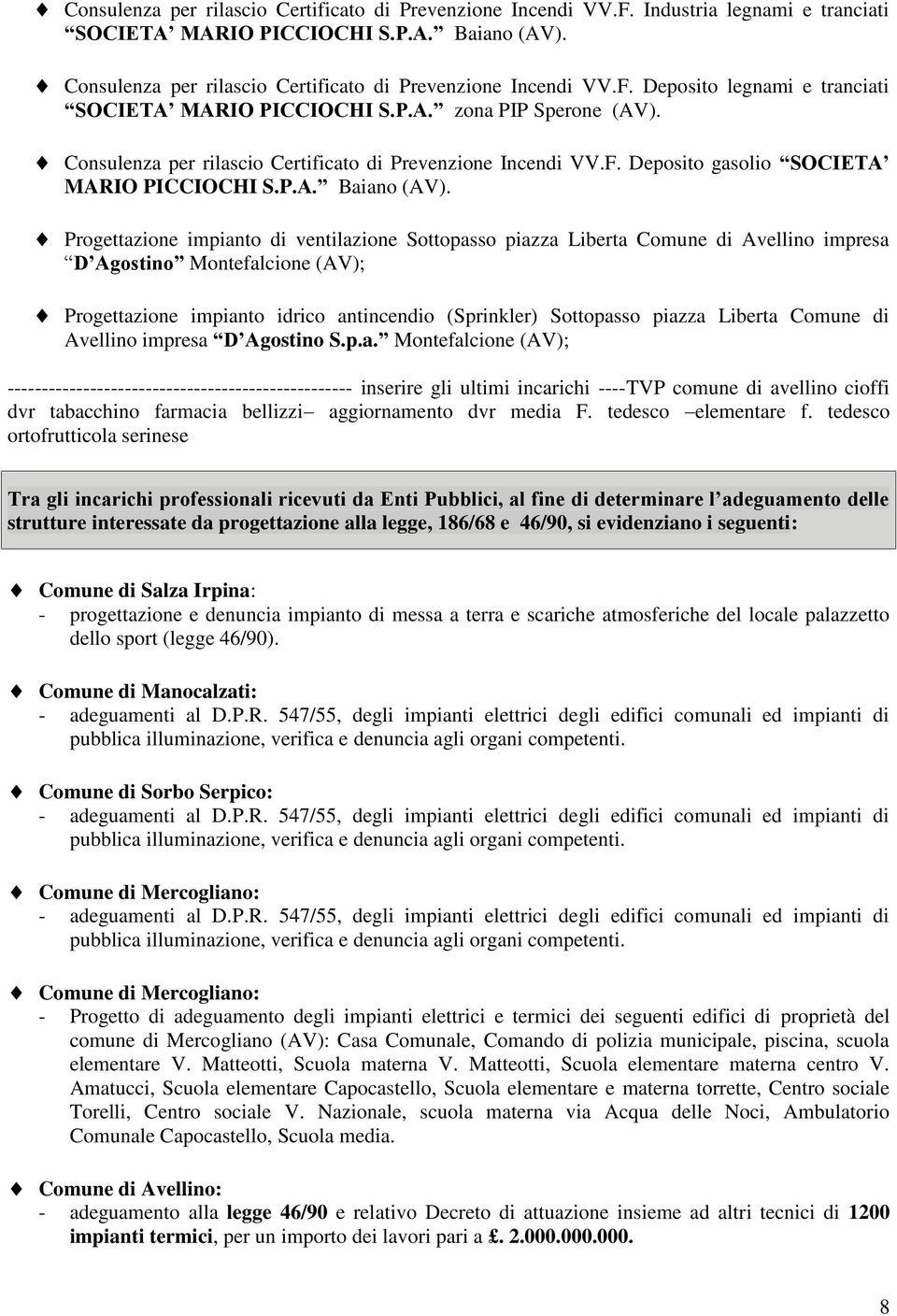 Consulenza per rilascio Certificato di Prevenzione Incendi VV.F. Deposito gasolio SOCIETA MARIO PICCIOCHI S.P.A. Baiano (AV).