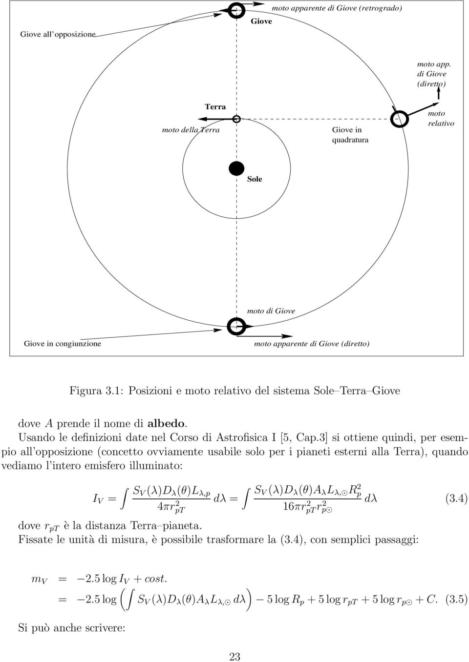 1: Posizioni e moto relativo del sistema Sole Terra Giove dove A prende il nome di albedo. Usando le definizioni date nel Corso di Astrofisica I [5, Cap.