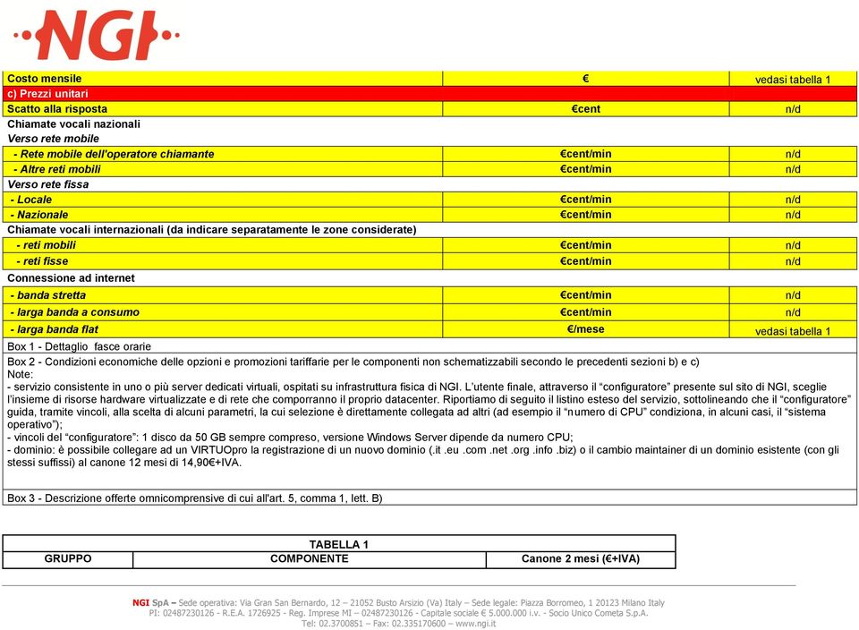 internet - banda stretta cent/min - larga banda a consumo cent/min - larga banda flat /mese vedasi tabella 1 Box 1 - Dettaglio fasce orarie Box 2 - Condizioni ecomiche delle opzioni e promozioni