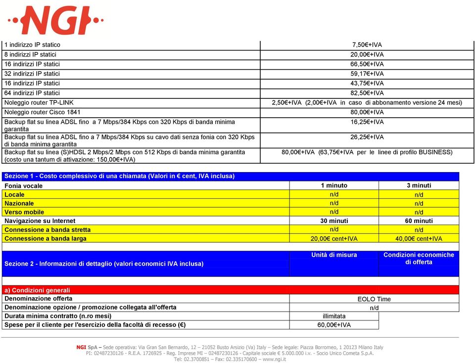 cavo dati senza fonia con 320 Kbps di banda minima garantita Backup flat su linea (S)HDSL 2 Mbps/2 Mbps con 512 Kbps di banda minima garantita (costo una tantum di attivazione: 150,00 +IVA) Sezione 1