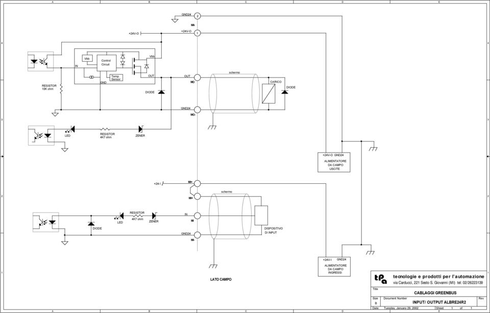 MI+ LED RESISTOR 4K7 ohm ZENER IN MI DIODE 24 DISPOSITIVO DI INPUT MI- +24V-I 24 ALIMENTATORE DA CAMPO 1 INGRESSI 1 A B LATO CAMPO C D Title B