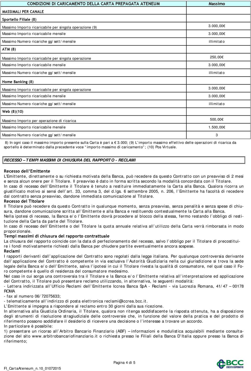 000,00 Web (8)(10) Massimo Importo per operazione di ricarica 500,00 Massimo Importo ricaricabile mensile 1.500,00 3 8) In ogni caso il massimo importo presente sulla Carta è pari a 3.