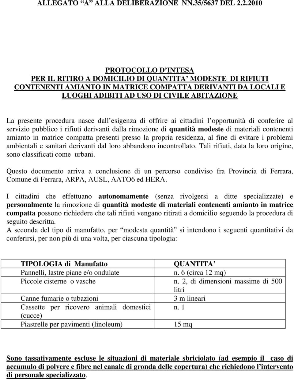 procedura nasce dall esigenza di offrire ai cittadini l opportunità di conferire al servizio pubblico i rifiuti derivanti dalla rimozione di quantità modeste di materiali contenenti amianto in