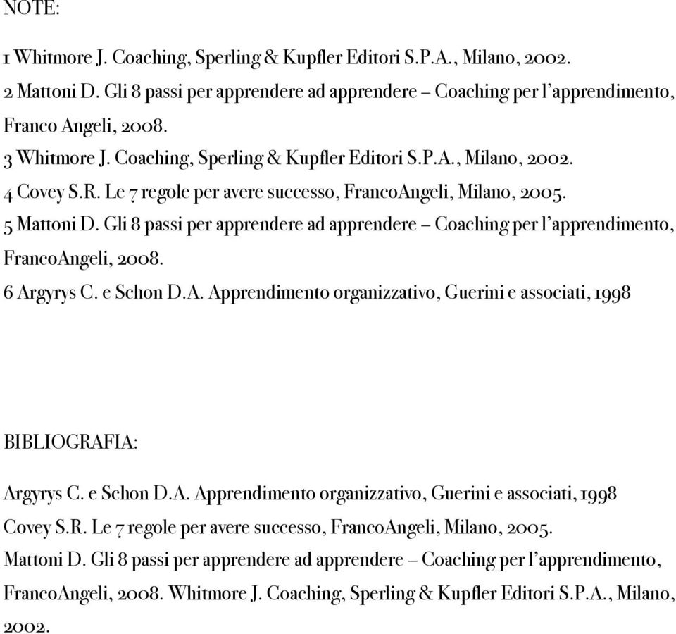 Gli 8 passi per apprendere ad apprendere Coaching per l apprendimento, FrancoAngeli, 2008. 6 Argyrys C. e Schon D.A. Apprendimento organizzativo, Guerini e associati, 1998 BIBLIOGRAFIA: Argyrys C.