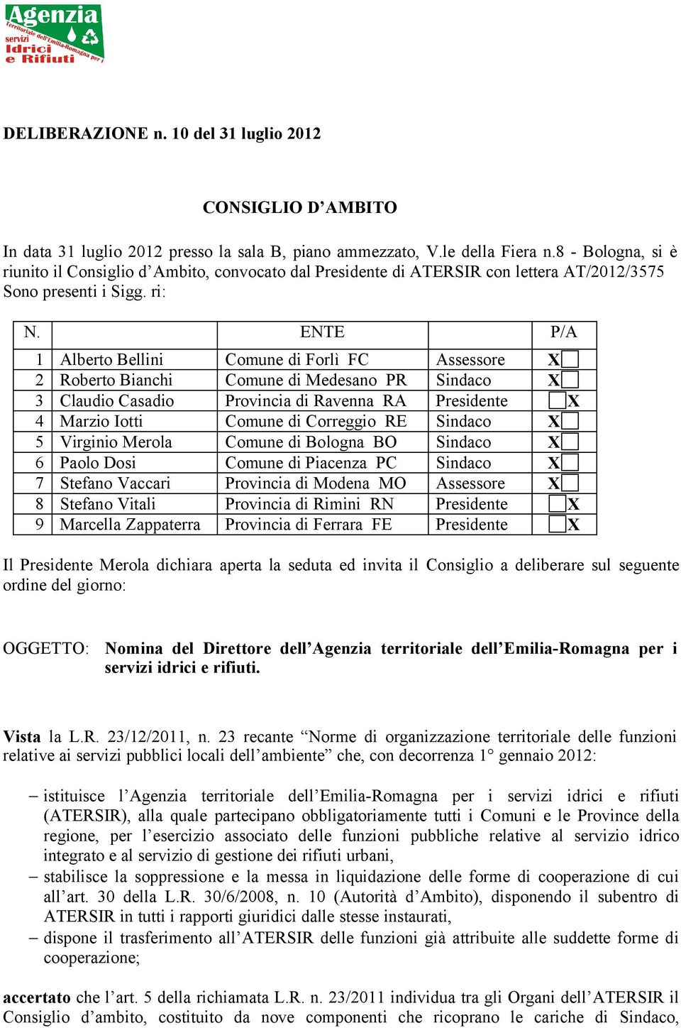 ENTE P/A 1 Alberto Bellini Comune di Forlì FC Assessore X 2 Roberto Bianchi Comune di Medesano PR Sindaco X 3 Claudio Casadio Provincia di Ravenna RA Presidente X 4 Marzio Iotti Comune di Correggio