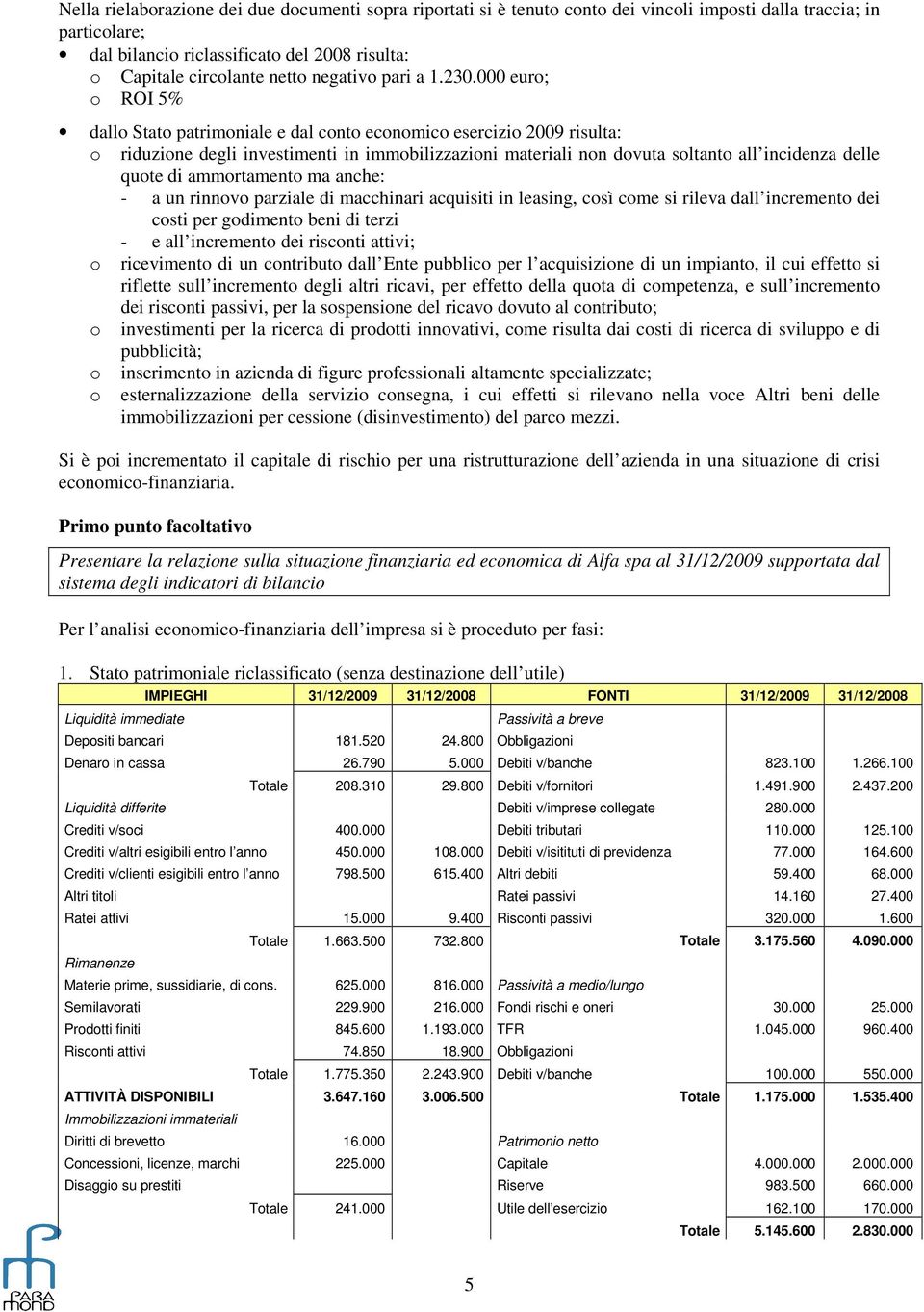 000 euro; o ROI 5% dallo Stato patrimoniale e dal conto economico esercizio 2009 risulta: o riduzione degli investimenti in immobilizzazioni materiali non dovuta soltanto all incidenza delle quote di