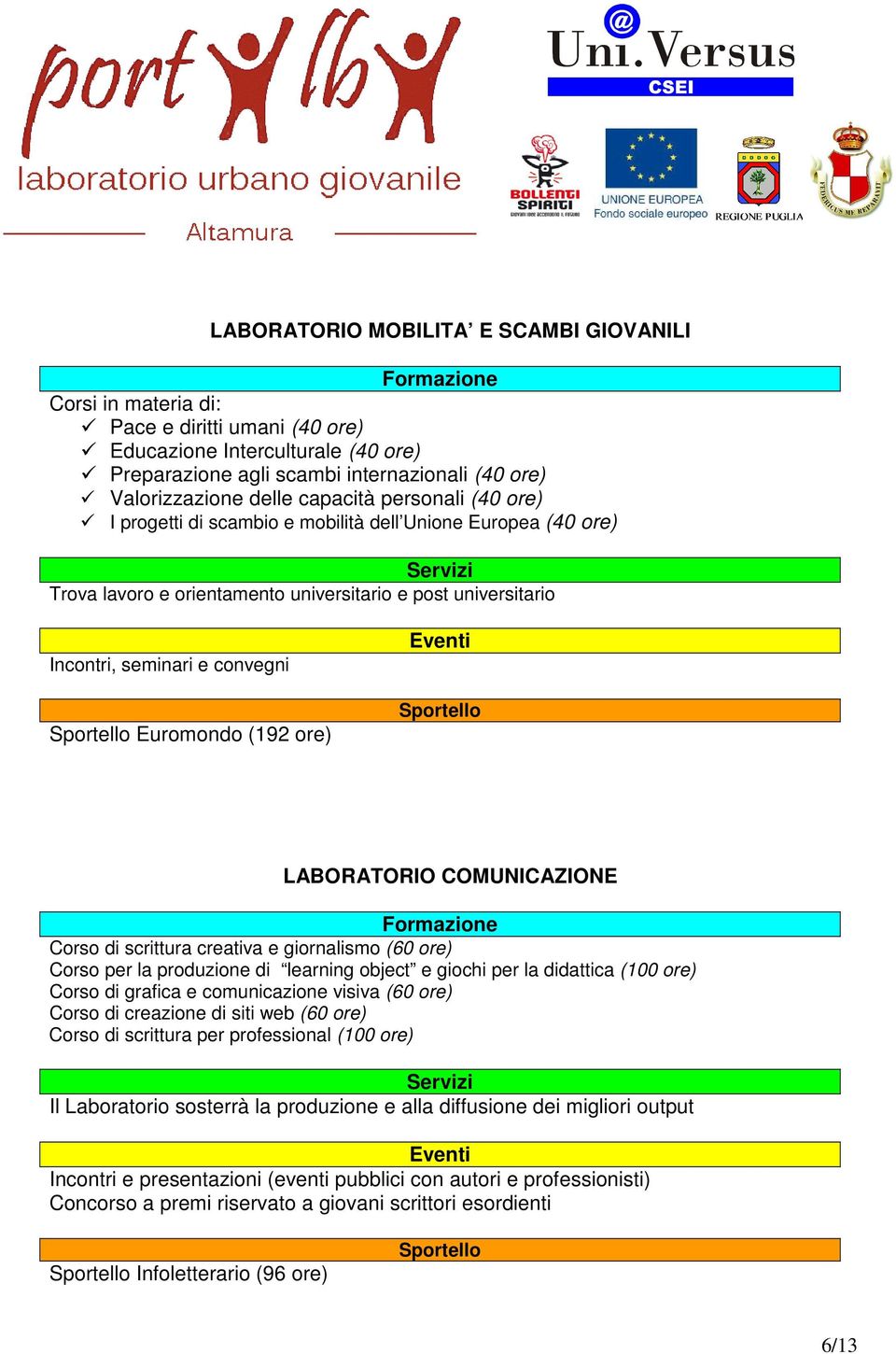 seminari e convegni Sportello Euromondo (192 ore) Eventi Sportello LABORATORIO COMUNICAZIONE Formazione Corso di scrittura creativa e giornalismo (60 ore) Corso per la produzione di learning object e