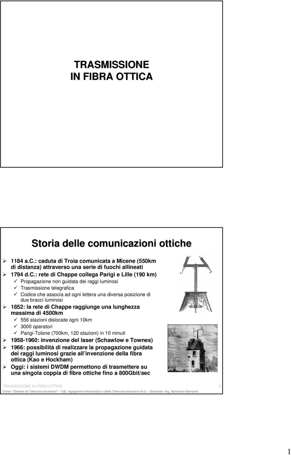 dei raggi lumiosi Trasmissioe telegrafica Codice che associa ad ogi lettera ua diversa posizioe di due bracci lumiosi 85: la rete di Chappe raggiuge ua lughezza massima di 4500km 556 stazioi