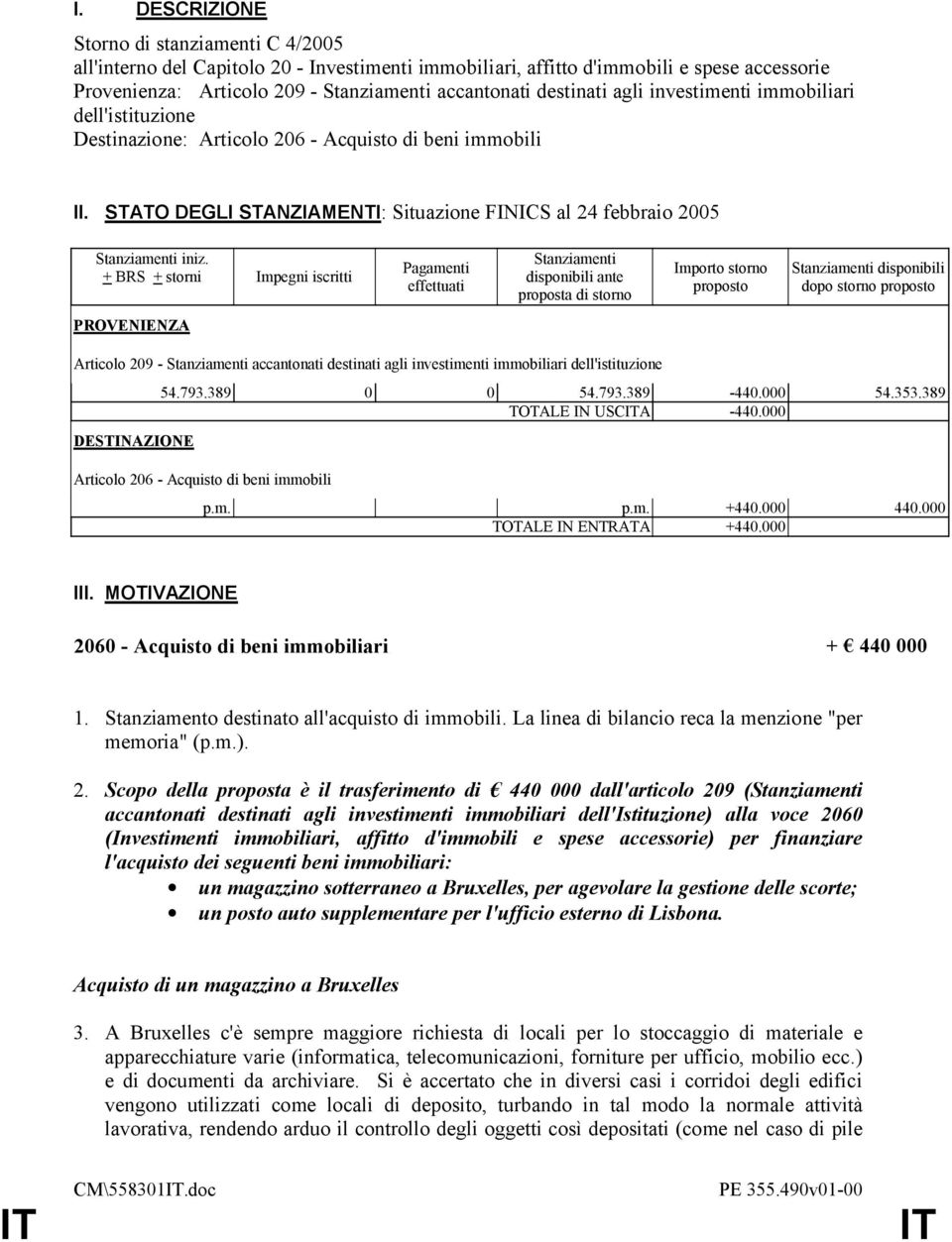 + BRS + storni Impegni iscritti Pagamenti effettuati Stanziamenti disponibili ante proposta di storno Importo storno proposto Stanziamenti disponibili dopo storno proposto PROVENIENZA Articolo 209 -