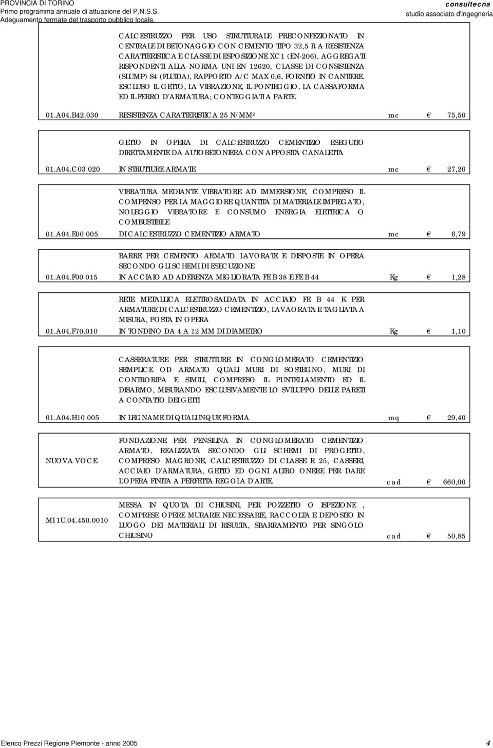 ESCLUSO IL GETTO, LA VIBRAZIONE, IL PONTEGGIO, LA CASSAFORMA ED IL FERRO D'ARMATURA; CONTEGGIATI A PARTE. 01.A04.B42.